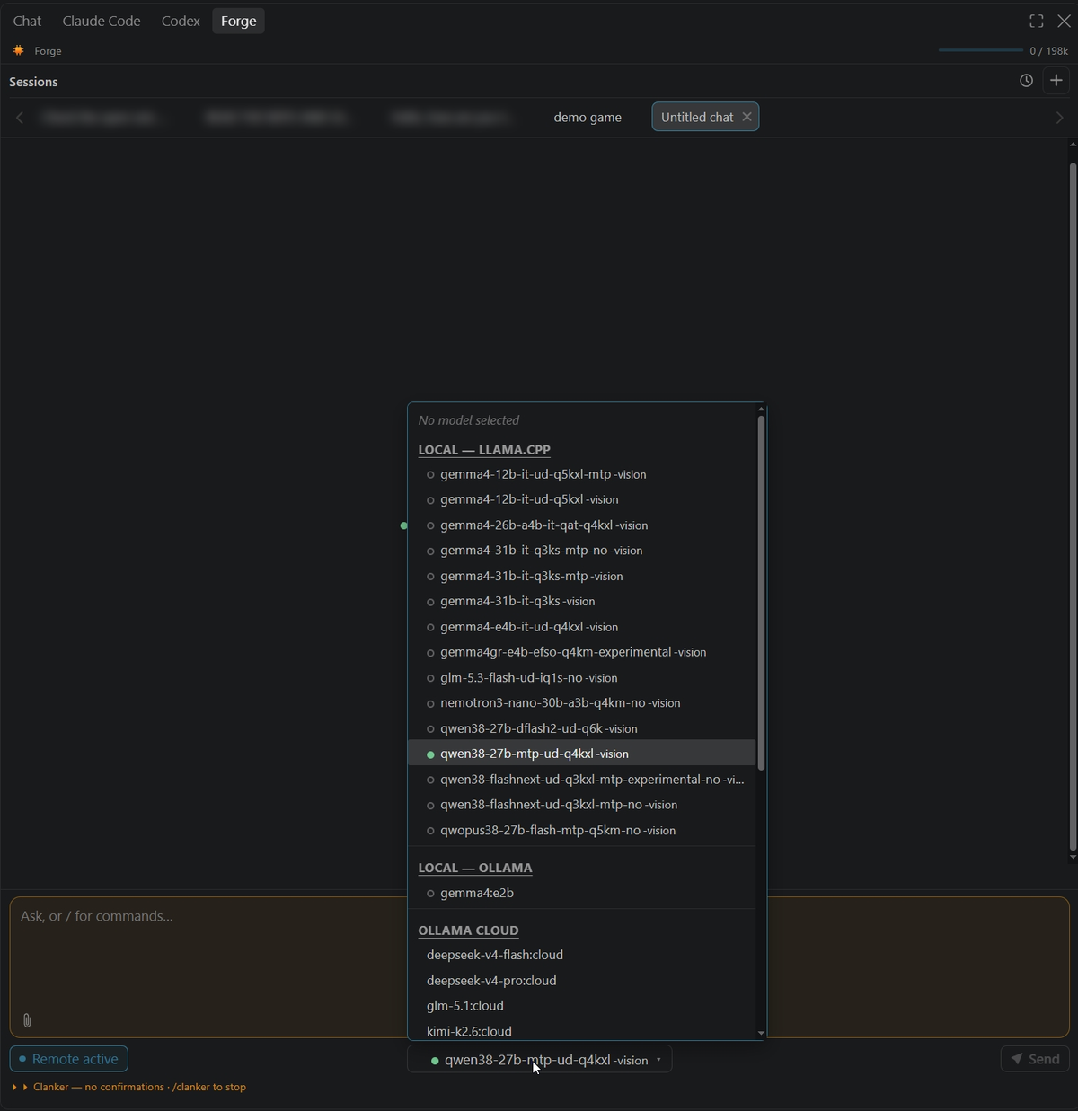 The Forge model picker listing local llama.cpp GGUF models alongside Ollama local and cloud models